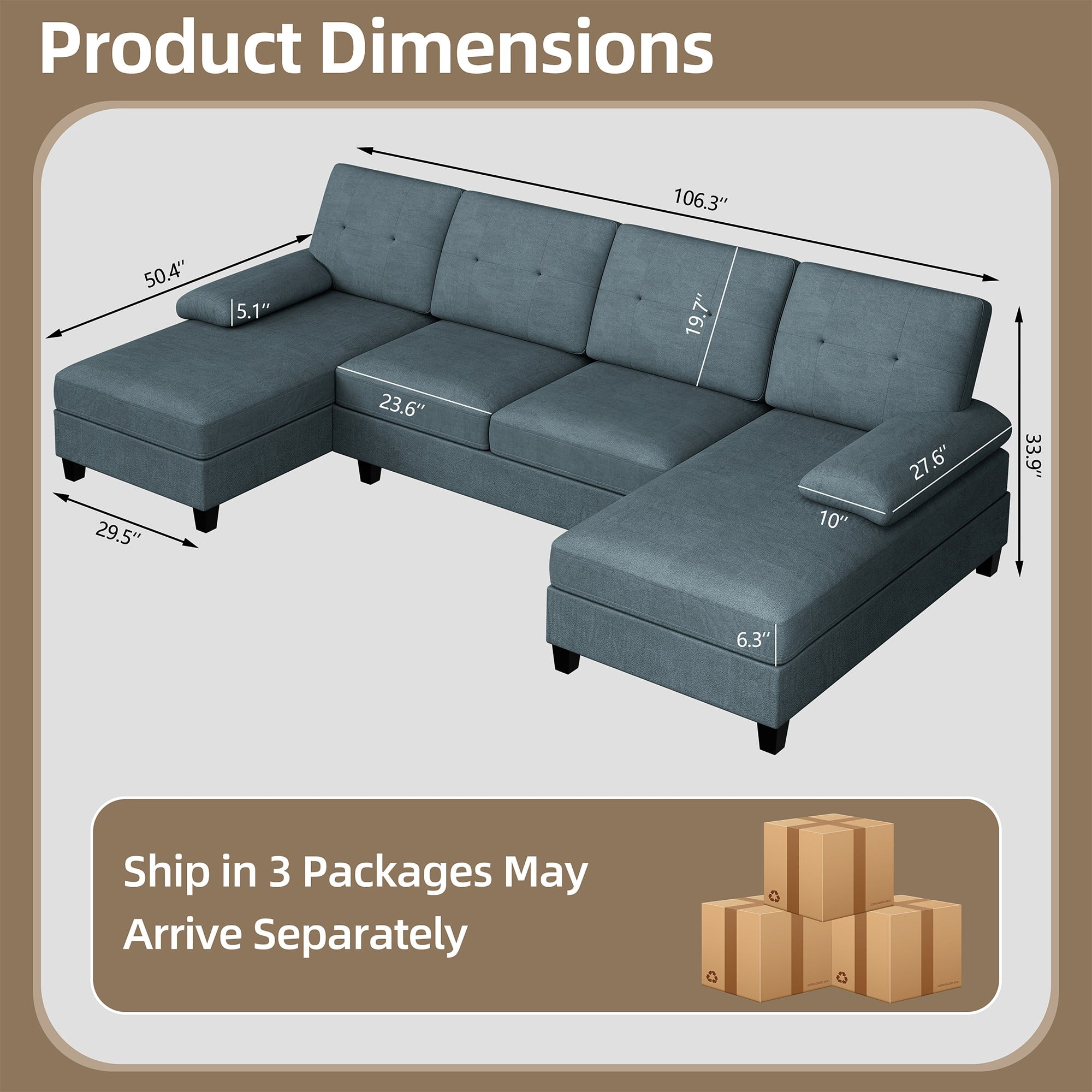 Walsunny Modern U-Shape Sectional Sofa, Chenille Fabric Modular Couch, 4 Seat Oversized Sofa with Chaise for Living Room