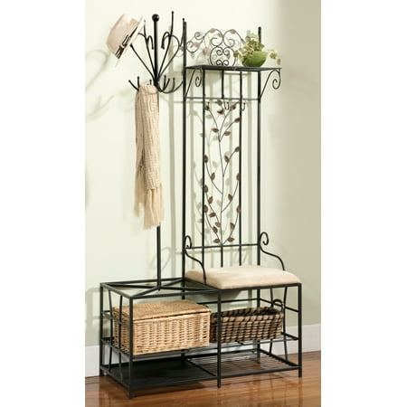 - Baylen Black Metal Entryway 12 Hook Coat & Hat Rack Hall Tree Stand Organizer Display With Storage Shelves, Bench & Umbrella Stand