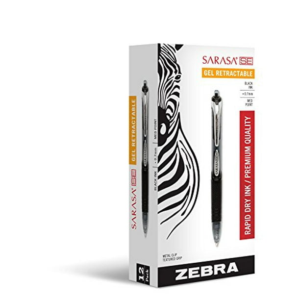 Zebra Stylos à Encre Gel Rétractables Sarasa SE, Pointe Moyenne 0,7 Mm, Encre Noire à Séchage Rapide, 12 Chiffres