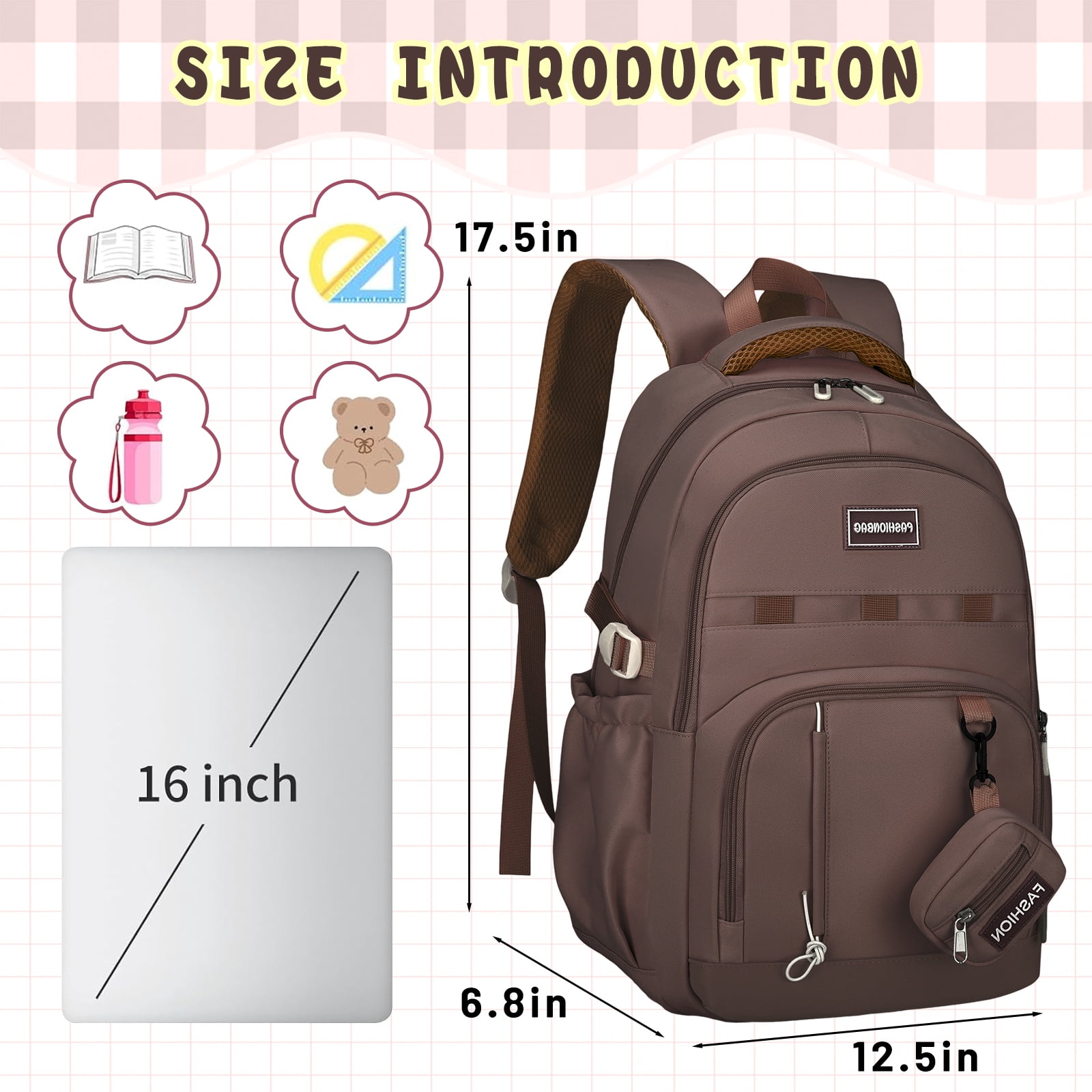 DAKIMOE School Backpack for College High Middle School Fashion Student Bag Cute Aesthetic Teen Bookbag for Teens Women Kids Girls Brown