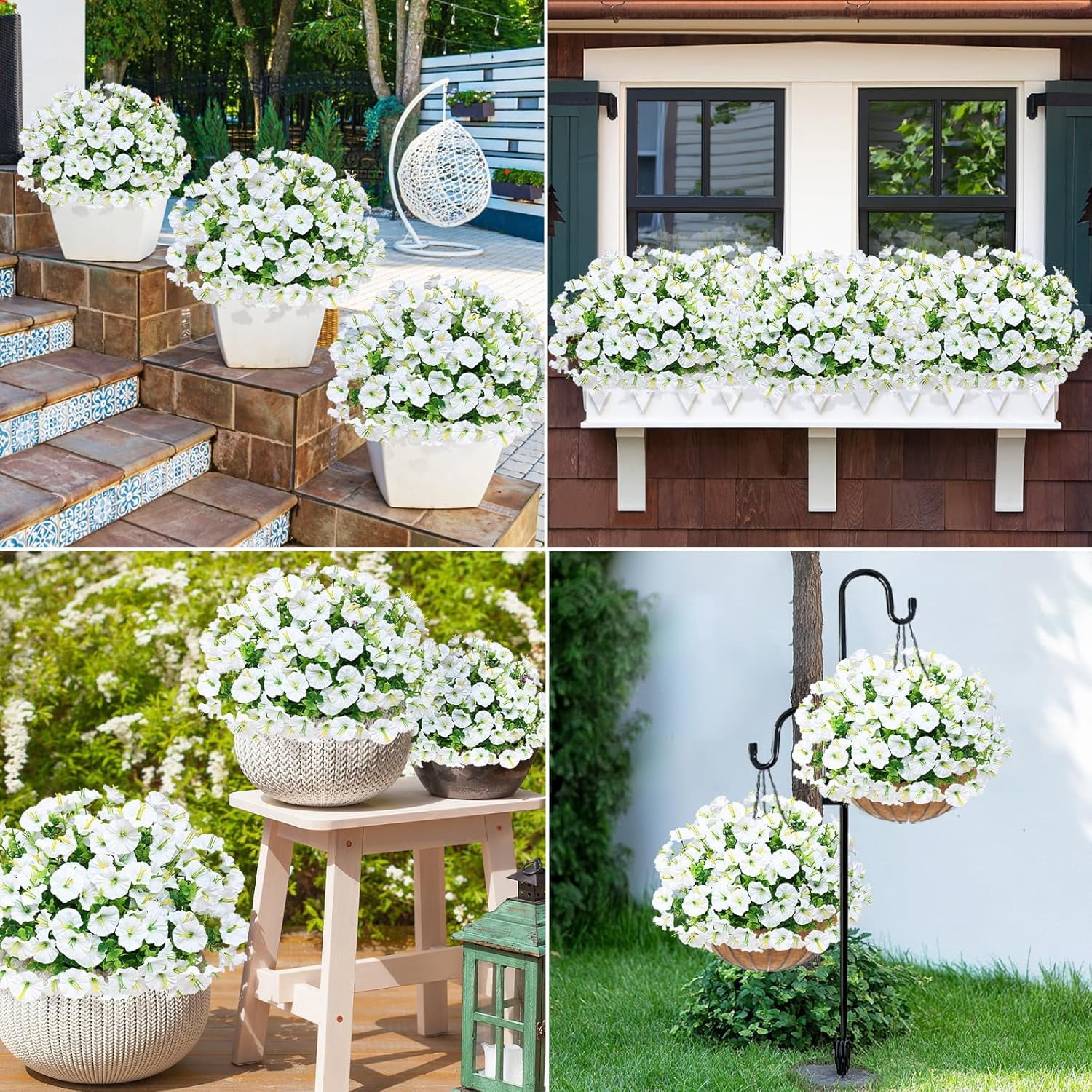 MARTINE MALL 12 Bundles Look Real Artificial Flowers for Outdoors, Realistic Fake Outdoor Flowers, UV Resistant Silk Petunia Flowers for Outside Faux Flowers Plants for Outdoor Porch, White
