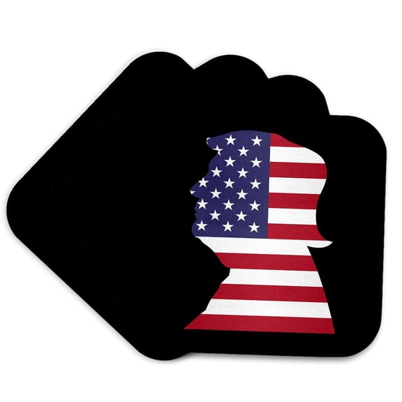 3dRose, USA American Flag Stars and Stripes-Patriotic Shape-Donald Trump-Black, Set of 4 Coasters - Soft