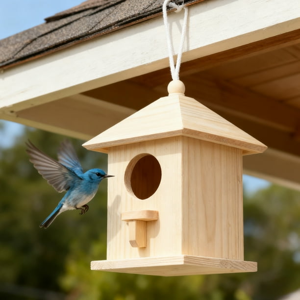 Comedero Colgante para Aves de Casa, Refugio de Madera, Diseño Rústico con Cuerda, Pequeña Jaula para Pájaros, Acento Decorativo, 18.5x11x11 cm para Jardín, Uso Exterior