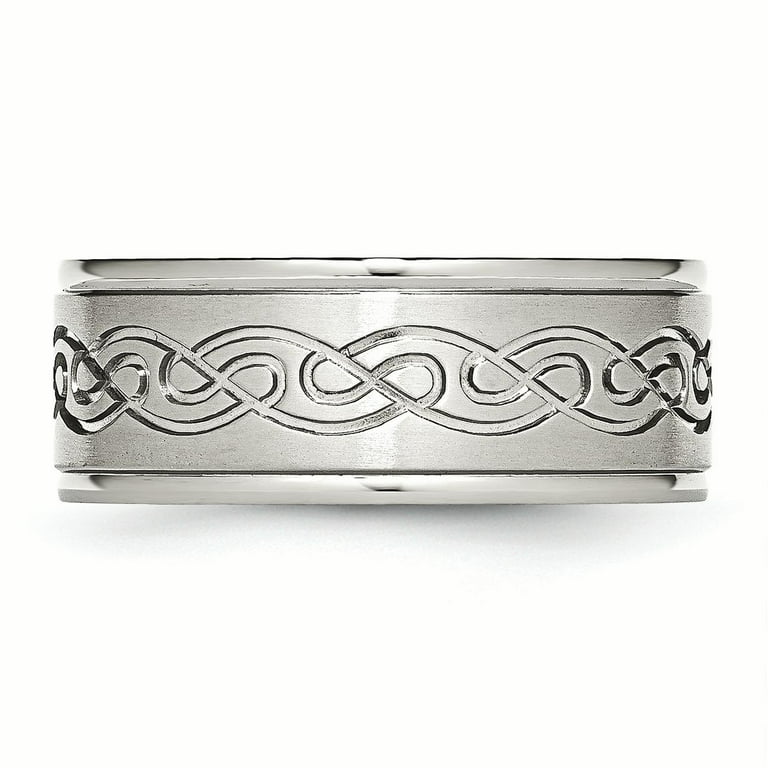 Stainless Steel Scroll Design 9mm Brushed & Polished Ridged Edge Band Stainless Steel Scroll Design 9mm Brushed & Polished Ridged Edge Band