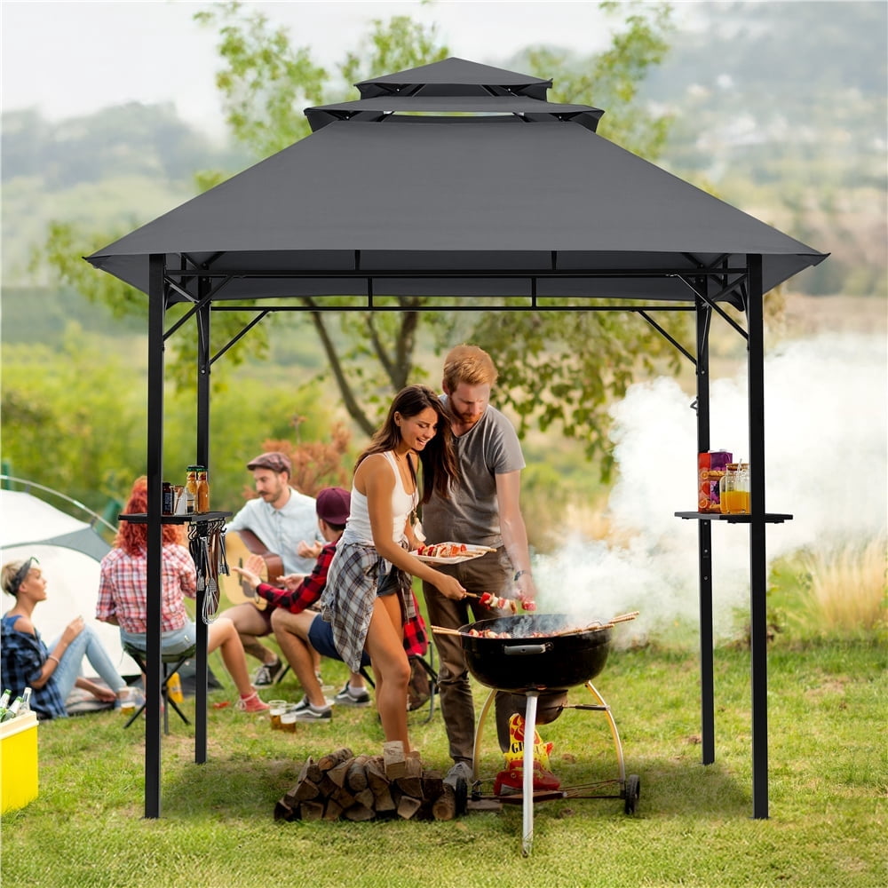 Yaheetech 8×5 Ft Outdoor Grill Gazebo with Height Adjustable Shelves, Dark Gray