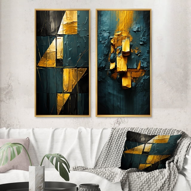 Designart "Interlude in Yellow Abstract Expressionism in Teal" Abstract Painting Framed Wall Art Set Of 2 - Modern Gold Gallery Wall Frame Set For Home Decor