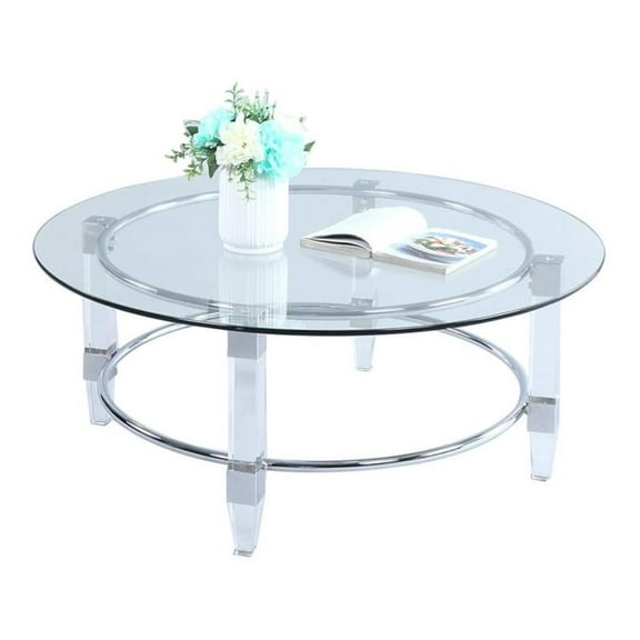 Pemberly Row 39.4" Round Contemporary Glass Top Cocktail Table in Clear