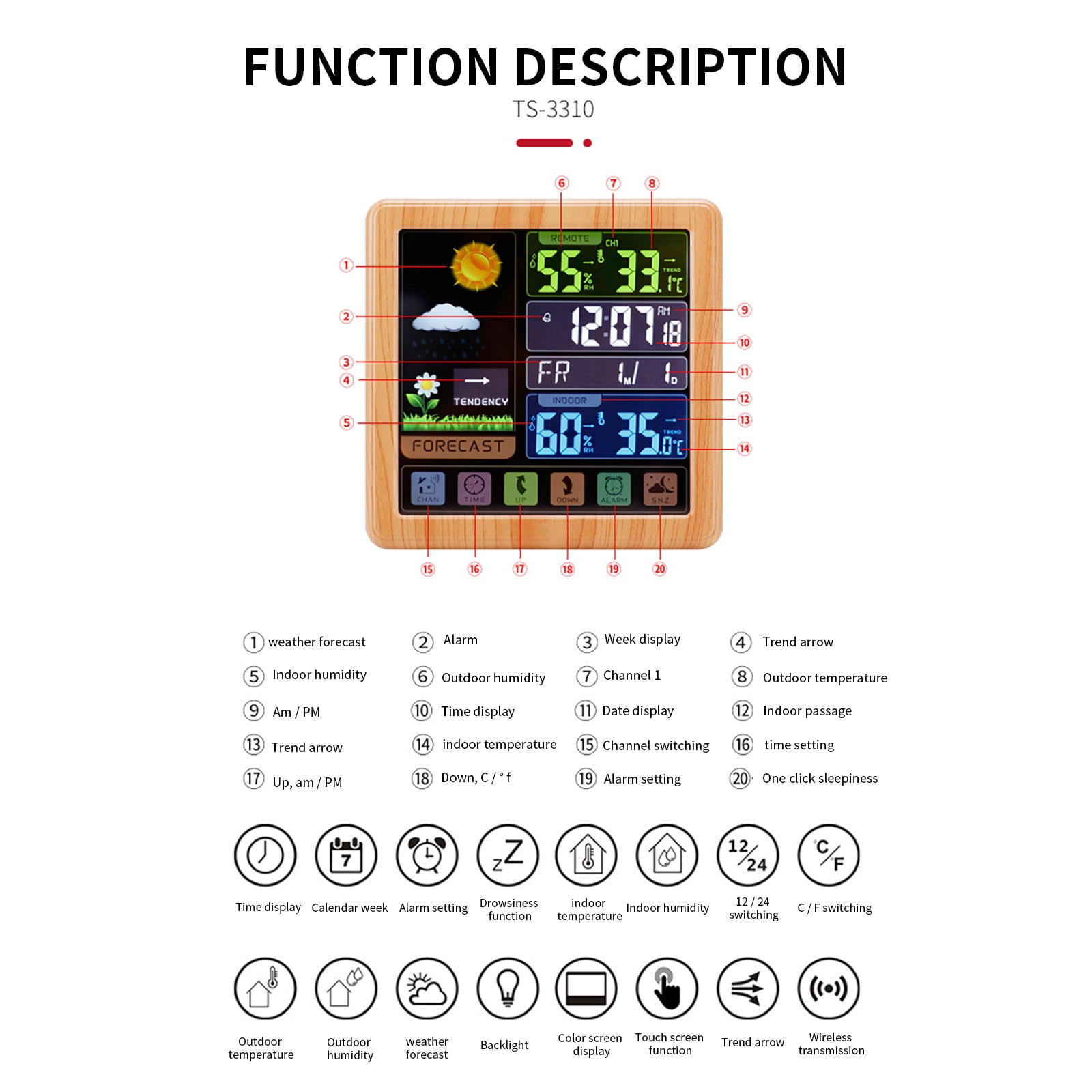 Home Saving! Jubipavy 6.1 Inch Color Display Hygrometer With Sensor 24-hour Alarm Clock For Bedroom Table Bedside Decor
