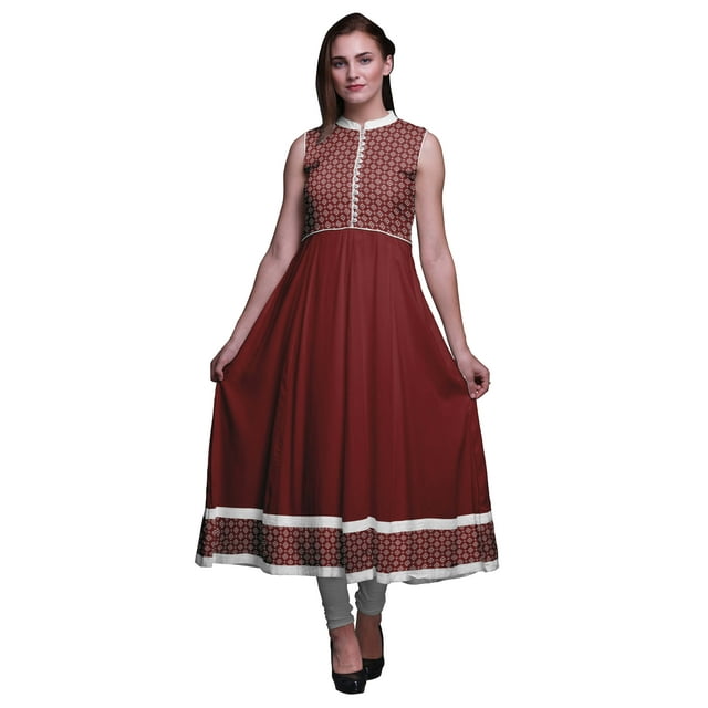 Bimba Kurti Indienne Ikat Bordeaux Longue pour Femmes Tenue de Fête Imprimée Sans Manches Robe Anarkali Kurti Très Grande