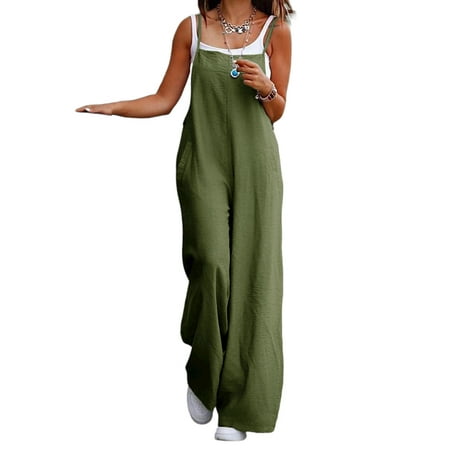 

Julycc Women Cotton Linen Striped Wide Leg Jumpsuit Dungarees Casual Playsuit Overalls Plus Size