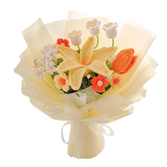 Eoozwa Crochet Flower Bouquet 13.8 Inch Handmade Knitted Wool Artificial Lilies for Valentines Day Birthday Wedding Home Decor Gift for Mom