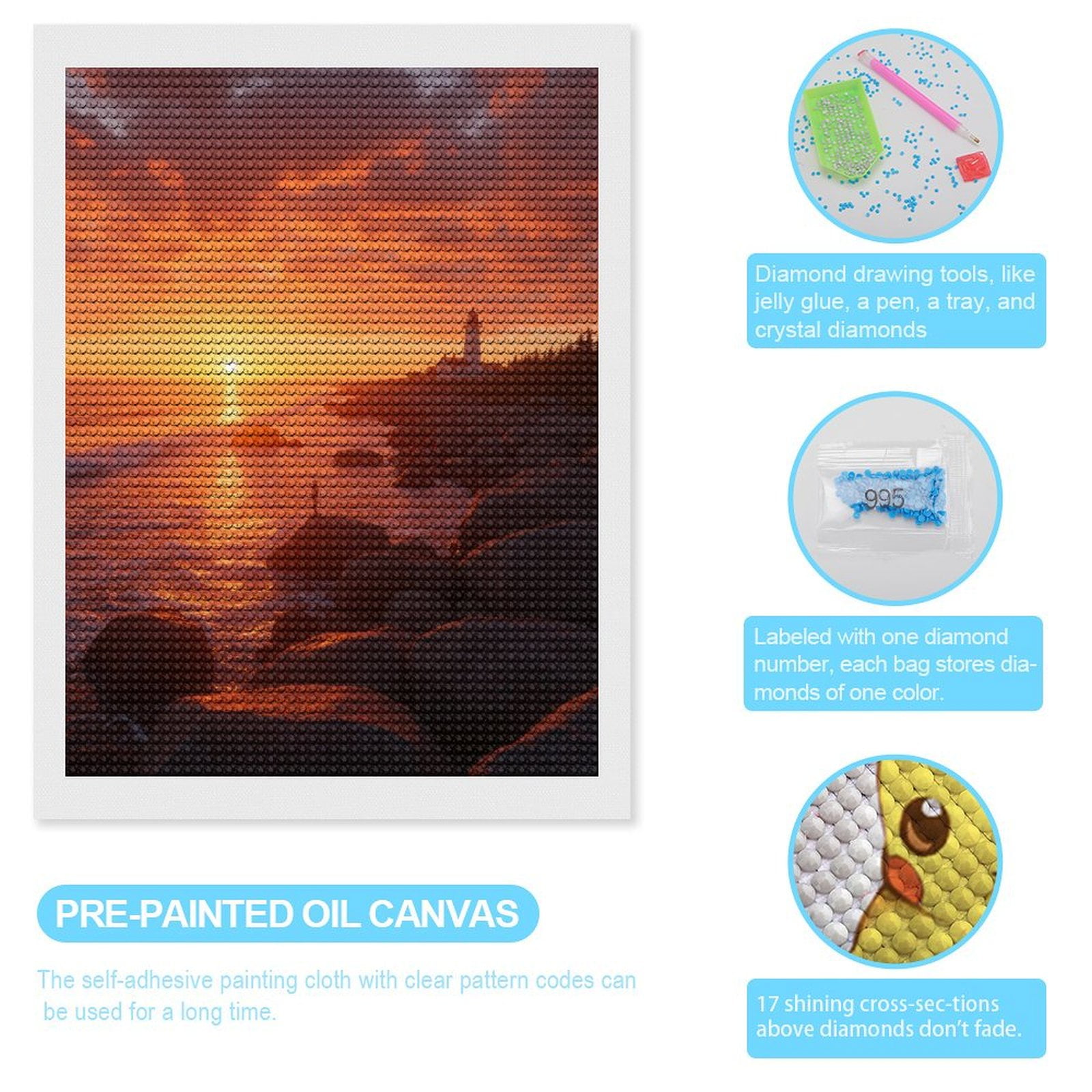 Diamond Art Kits for Adults, Sunset Lighthouse Coastline Rocky 5D Diamond Painting Kits for Adults Beginners, DIY Full Drill Diamond Painting, Gem Art and Crafts 12x16