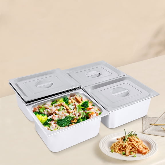 4-Pack Stainless Steel Hotel Pans with Lids – 6” Deep Steam Table Pans, 7.4QT Capacity, One-Piece Design, NSF Style Food Warmer Trays for Catering & Buffet