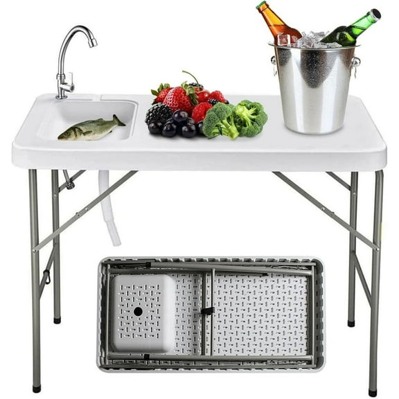 Folding Fishing Cleaning Table, 4ft Portable Camping Outdoor Table, Sink Table with Faucet for Picnic Camping Kitchen Gardening