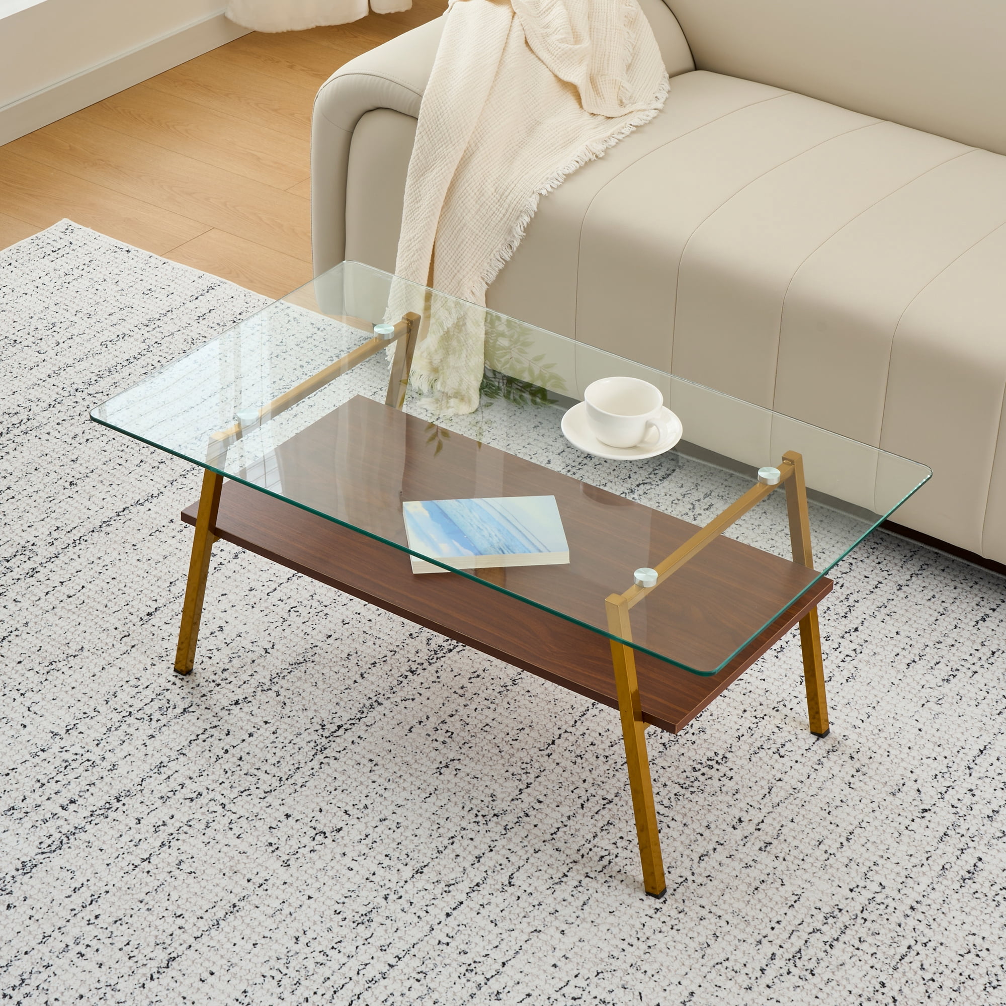 Euroco Rectangle Coffee Table, Tempered Glass Tabletop with Gold Metal Legs, Modern Table for Living Room , Transparent Glass