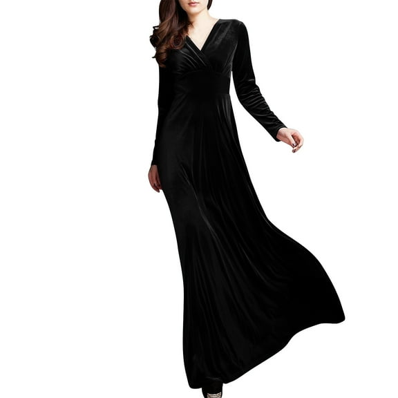 Women s V Neck Long Sleeve Velvet Maxi Dress Flowy Floor Length Formal Evening Party Dress Slim Fitted Ruched Bodycon Dress Soft Stretchy Fabric for Weddings Proms