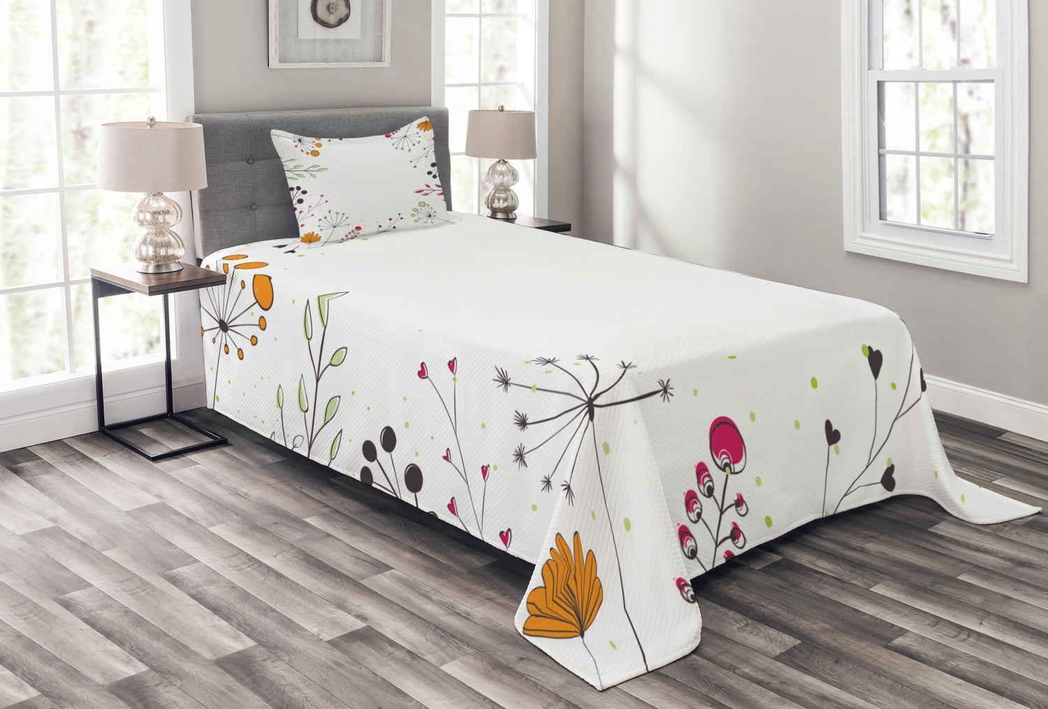 Modern Bedspread Set, Floral Branches with Geometric Flowers Nature