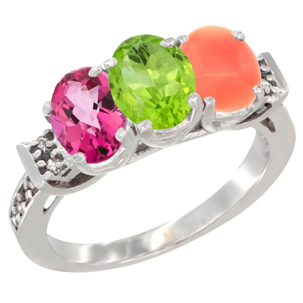 10K White Gold Natural Pink Topaz, Peridot & Coral Ring 3-Stone Oval 7x5 mm Diamond Accent, sizes 5 10 by WorldJewels