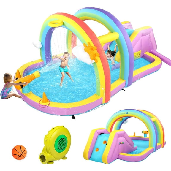 (2024 New) JOYMOR Inflatable Water Slide with Blower, Inflatable Kids Water Slide with Climbing Wall, Water Cannon, Splash Pool, Blow Up Water Slide for Kids Backyard Summer Party (Rainbow Style)
