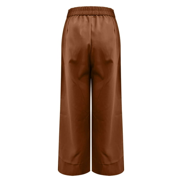 ALSLIAO Women High Waist Wide Leg Dress Pants Casual Pockets Relaxed Fit  Straight Pants Dark Brown 2XL 
