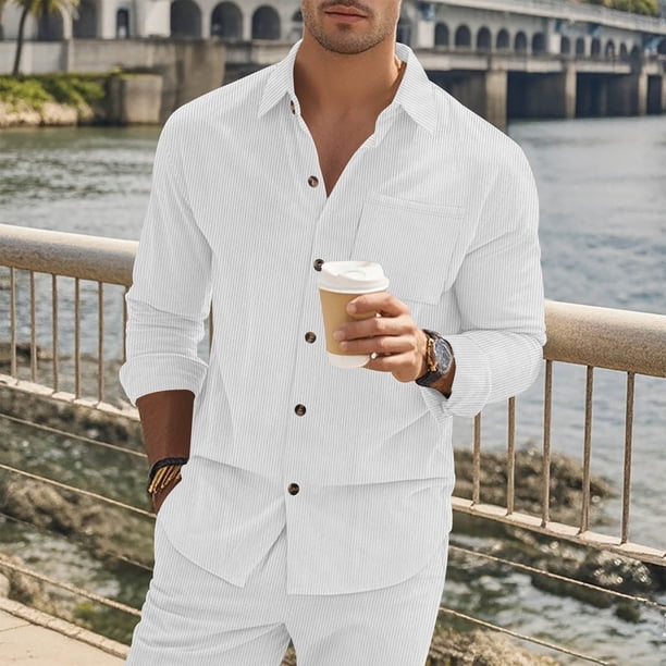 Blusa y camisa de manga larga con cuello vuelto para hombre, estilo informal, color liso, con solapa, bolsillo y botones, de poliéster.