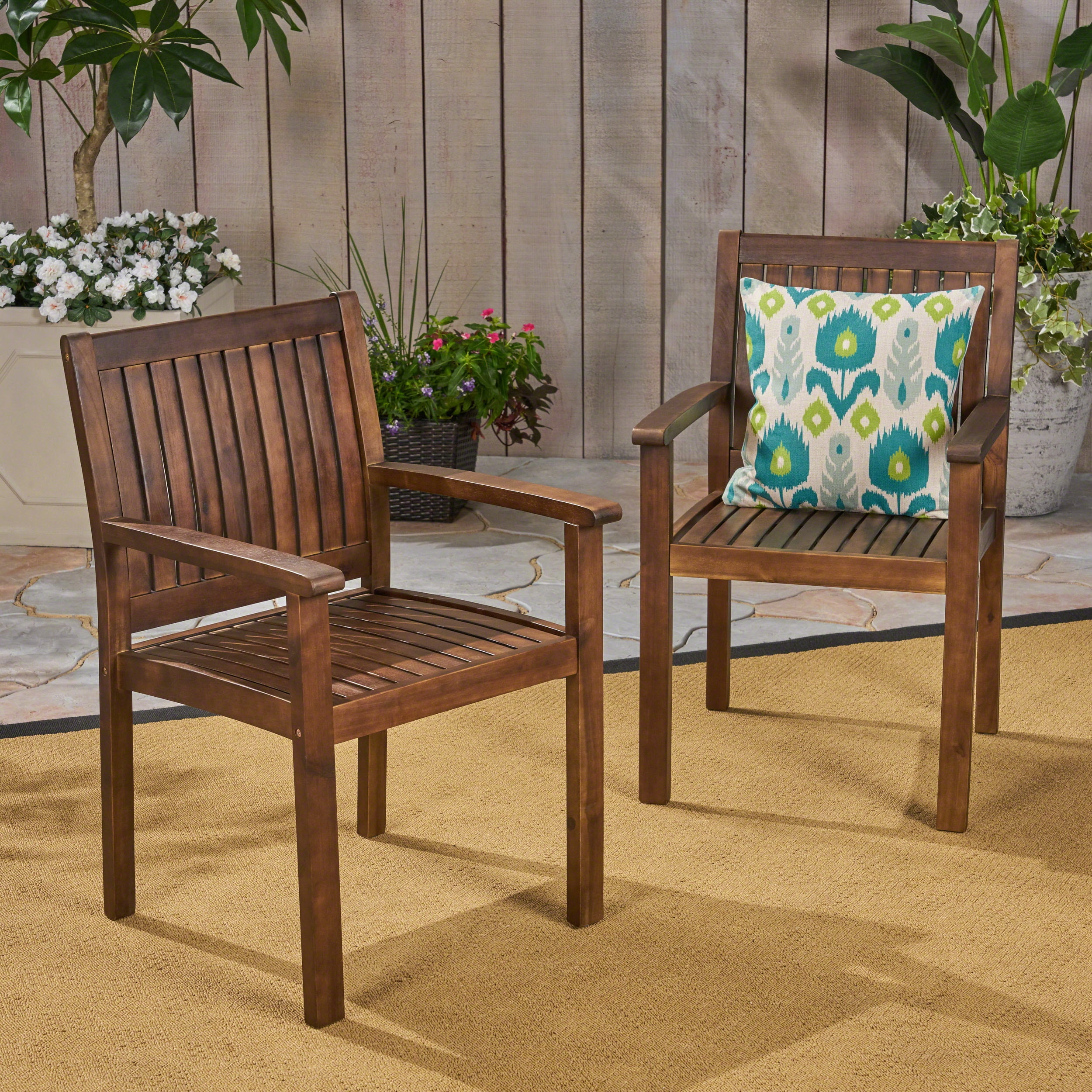 Caroline Outdoor Acacia Wood Dining Chairs, Set of 2, Dark Brown