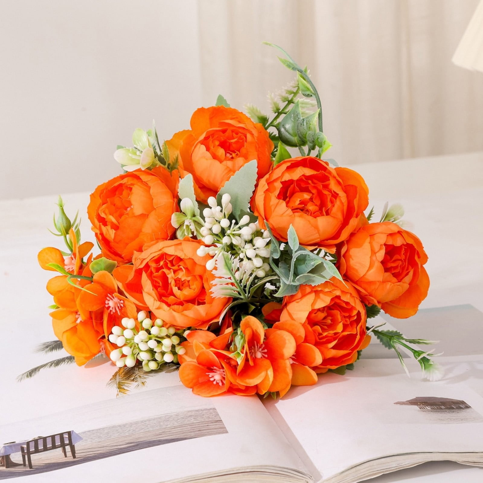 One Piece of Artificial Silk Peony Bouquet Clearance! Artificial Peony Combination Bouquet Flowers Arrangement Room Decor Wedding Centerpiece Orange