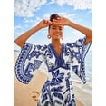thumbnail image 3 of Blue Tropical Print V-Neck Midi Dress With Bell Sleeves, 3 of 8