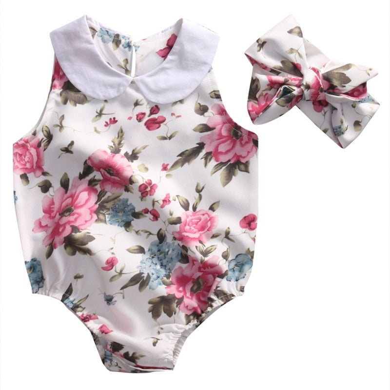 Newborn Baby Girls Floral One Piece Bodysuit Romper Headband 2Pcs Sets Outfits