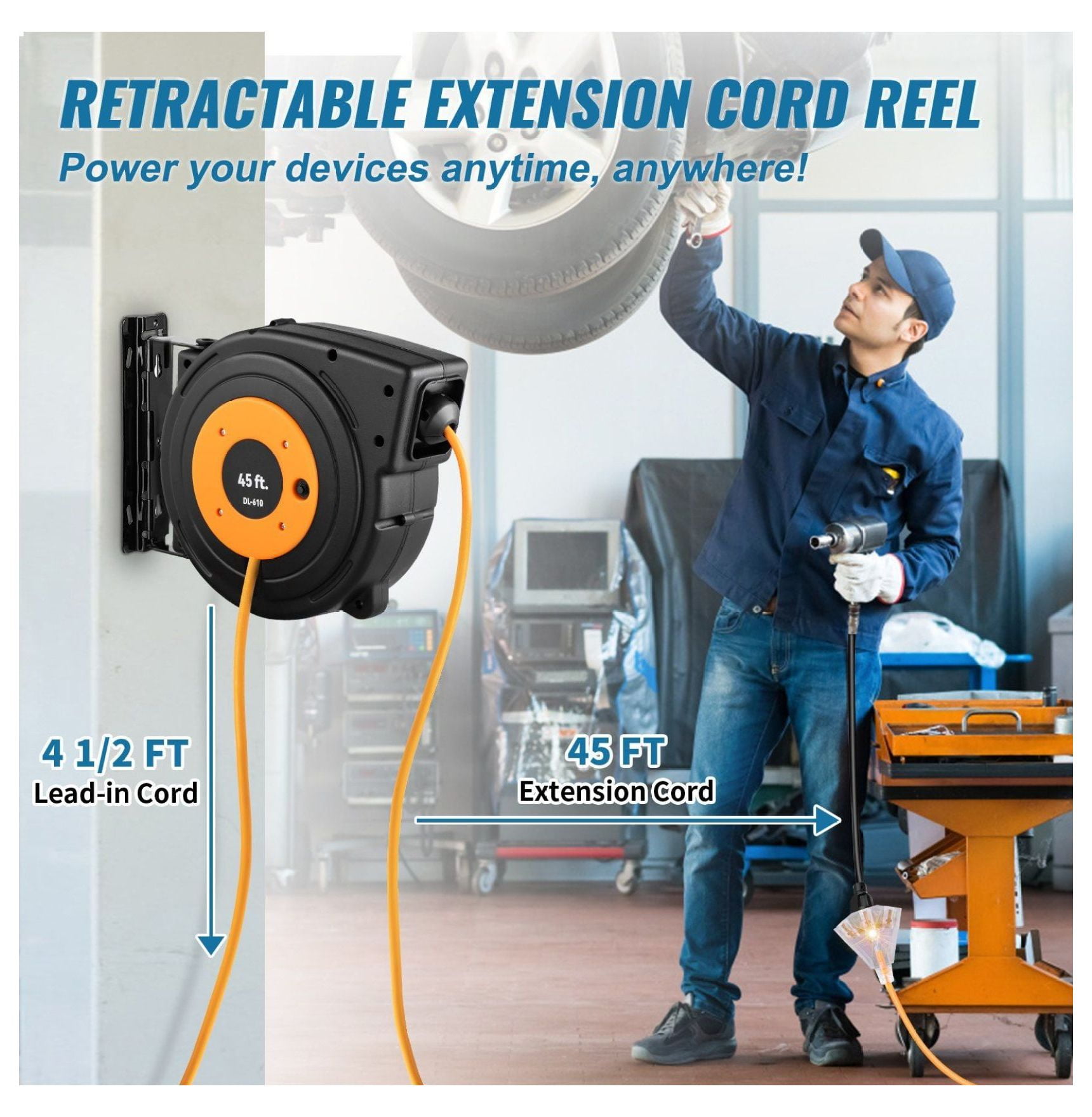 Retractable Extension Reel Heavy Duty 12AWG 45FT, SJTOW Power Cord Reel with Lighted Outlet & Swivel Bracket - Garage, Workshop, Construction