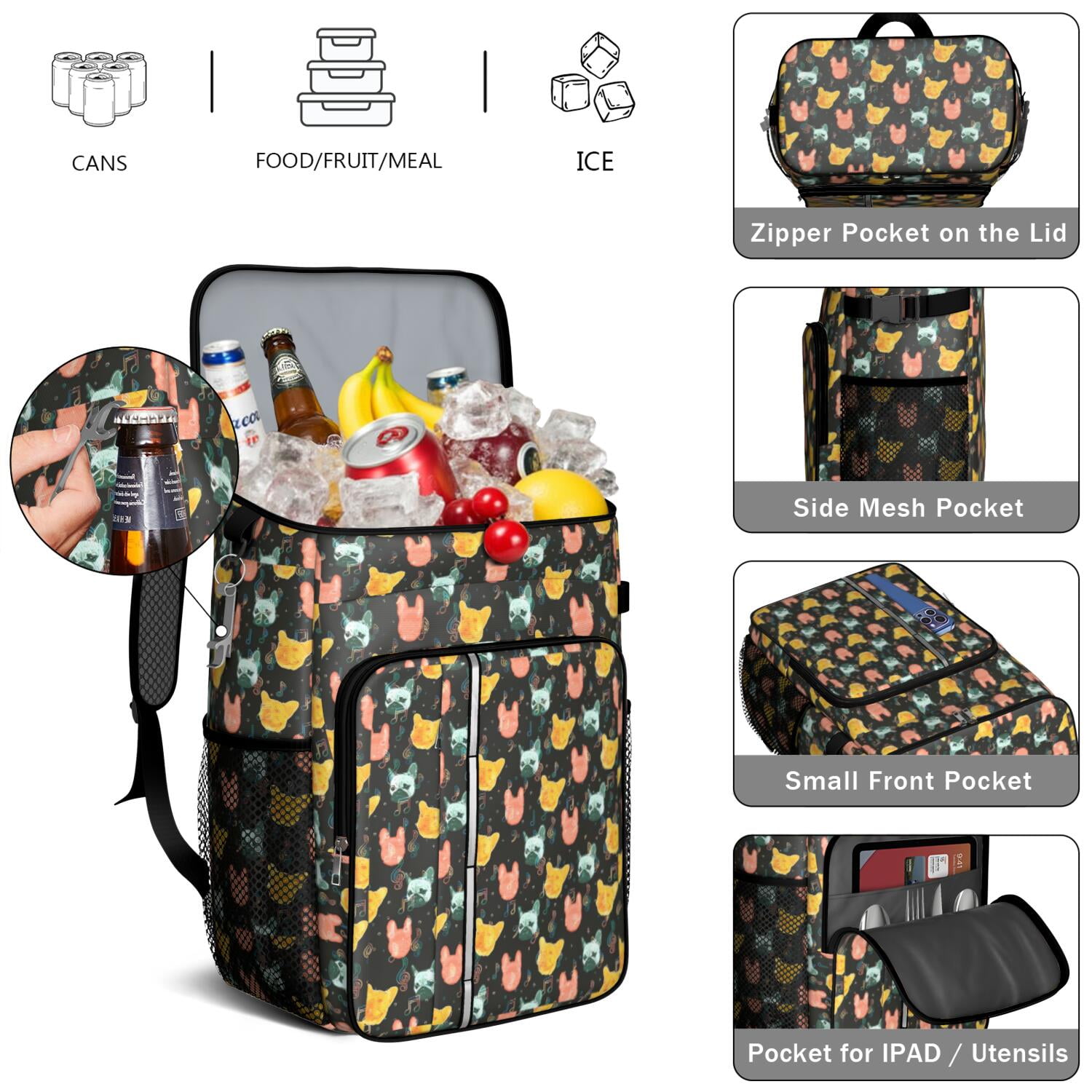 Travel Cooler Bag - Music Bulldog Camping Beer Cooler Backpack with Bottle Opener- Waterproof Insulated Picnic Backpacks - Cooler Bag for Beach