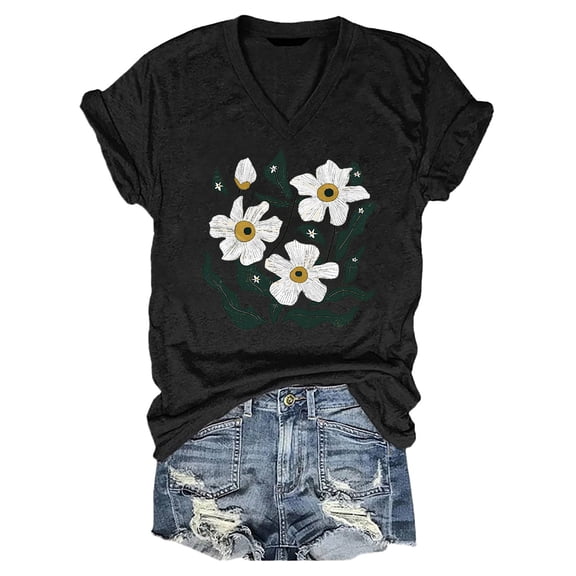 Yubnlvae Women's Vintage Floral Print Boho Loose Short-Sleeve T-Shirt – Pink, Blue, Dark Blue, Black, Grey, White, Red, Green (S-XXXL) (Black | L)
