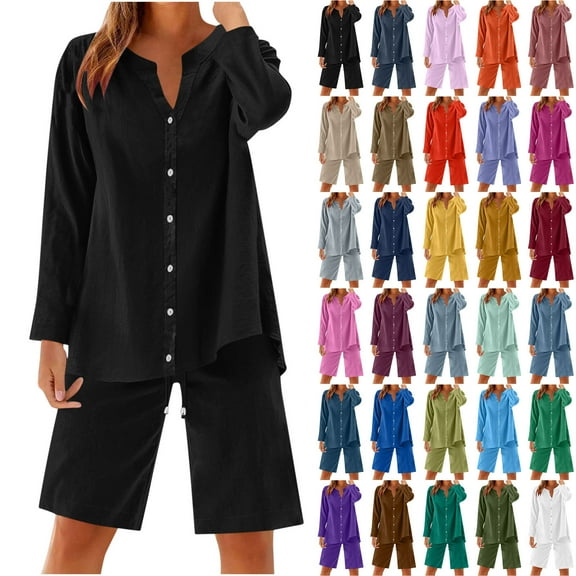 Xuniizn Linen Sets for Women 2 Piece Plus Size Casual Button Down Long Sleeve Shirts with Elastic Waist Shorts Soft Cozy Lightweight Beach Holiday Suits, S-5XL