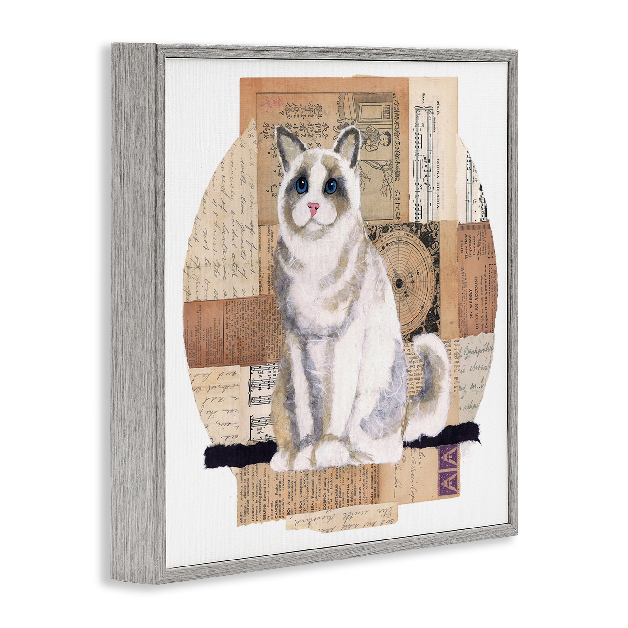 Stupell Industries Vintage Collage Cat Animals & Insects Painting Gray Framed Art Print Wall Art, 17 x 17
