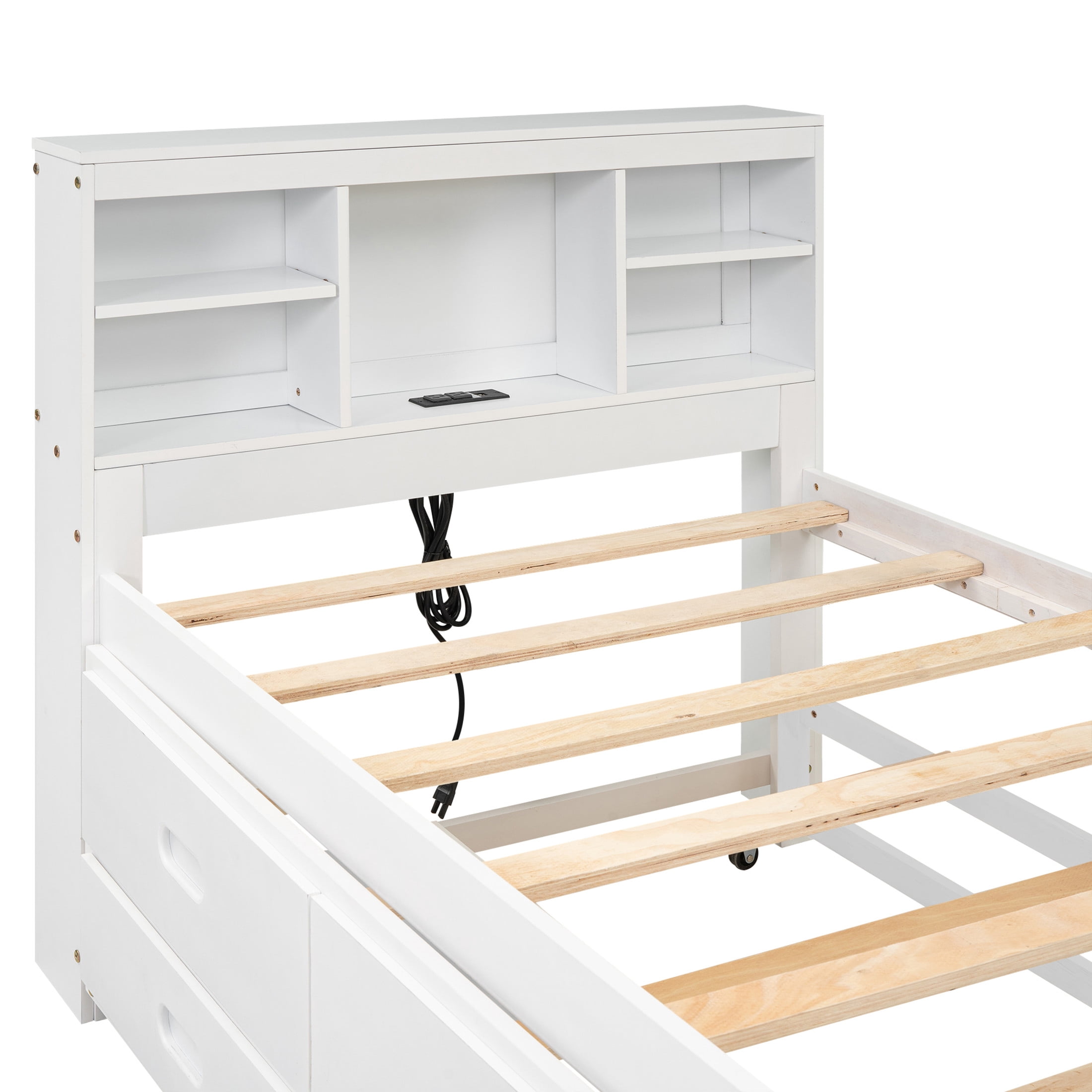 Noble House Nerissa Twin Platform Bed with Bookcase Headboard, USB Ports, Extra Trundle and Storage Drawers, White