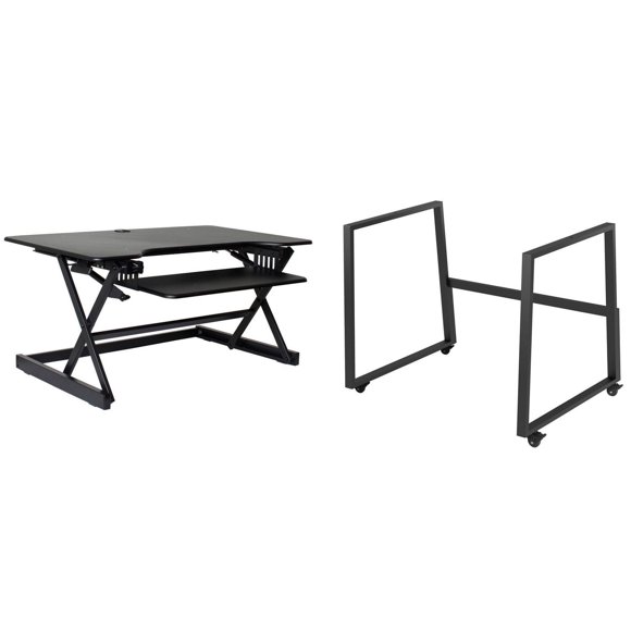 Rocelco 40" Mobile Large Height Adjustable Standing Desk BUNDLE - Rolling Sit Stand Up Dual Monitor Riser - Gas Spring Assist Computer Workstation - Retractable Keyboard Tray - Black