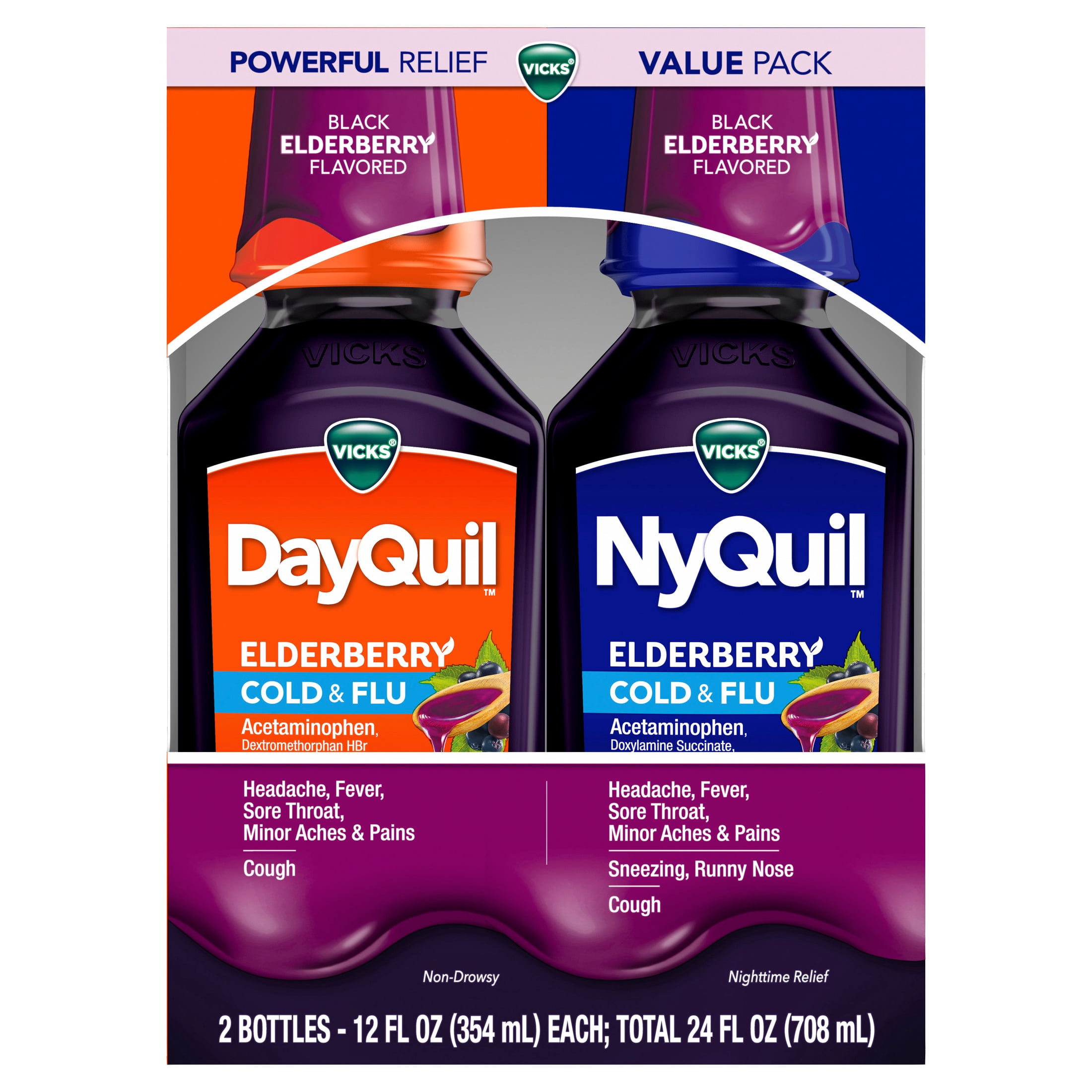VICKS DayQuil & NyQuil Cold & Flu Medicine Co-Pack, Elderberry Flavor, 2x12 fl oz