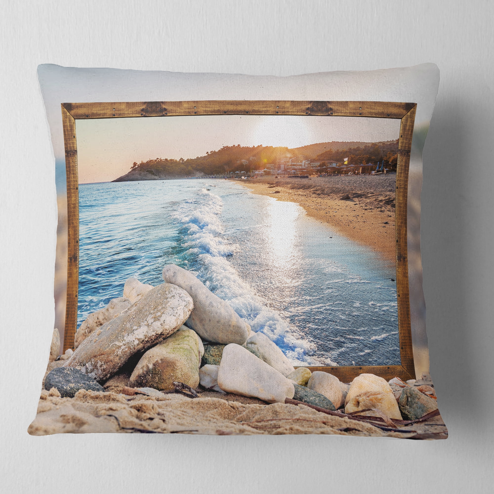 Designart Framed Effect Rocky Beach - Seashore Throw Pillow - 16x16