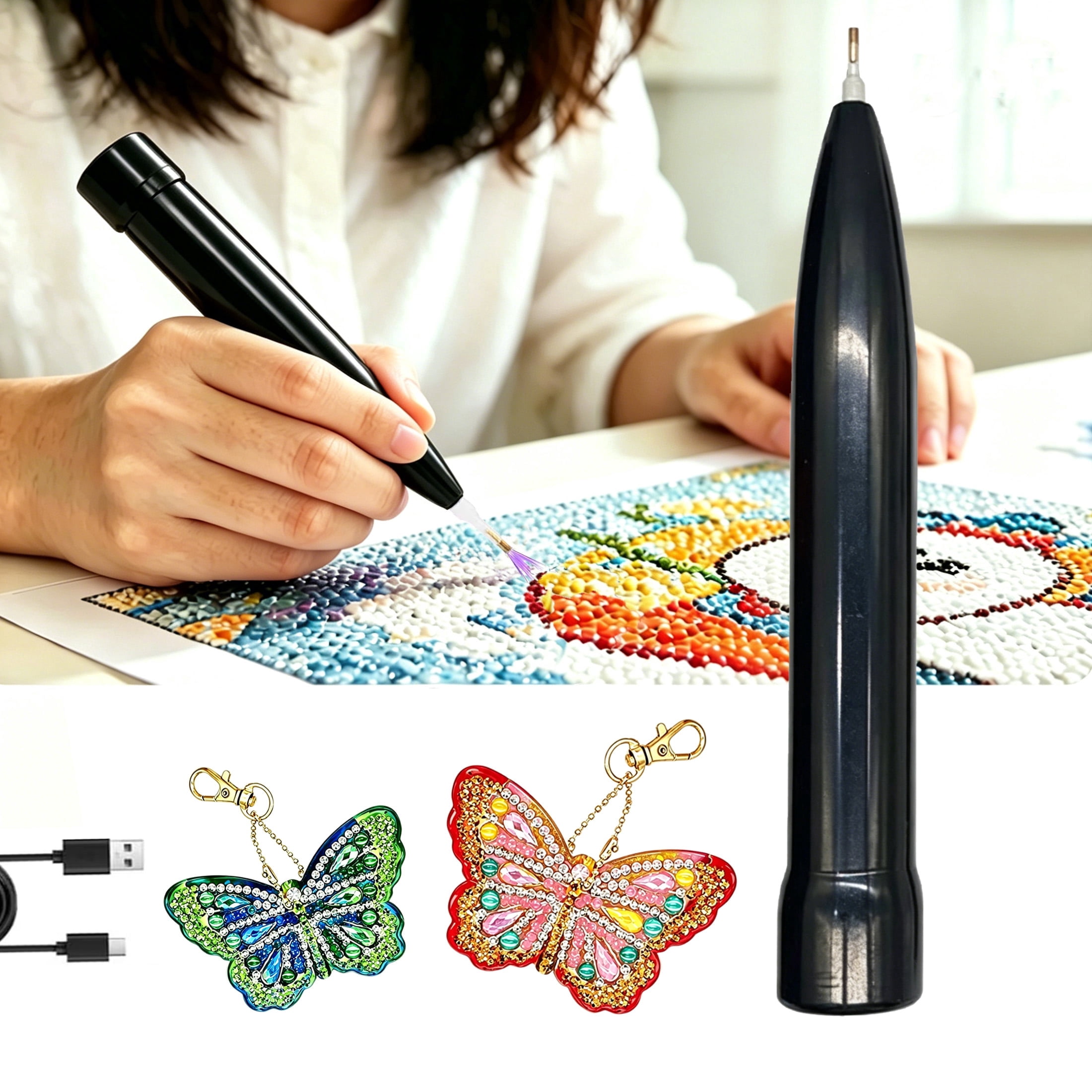 Wiher Diamond Art Pen, Electric Vacuum Diamond Tool with Light 2 Adjustable Suction Mode, No Wax Needed Cordless Quiet Lightweight Design for Kids Adults Gift for Diamond Art Fan, Black