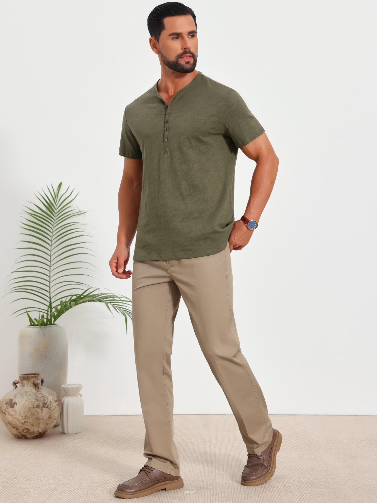 DARING DIVA Men's Retro Henley Texture Button Down Short Sleeve T-Shirt XL Olive Green