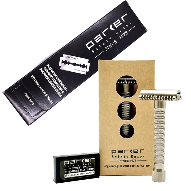 Maquinilla de afeitar de seguridad Parker Variant ajustable con peine abierto y 105 hojas