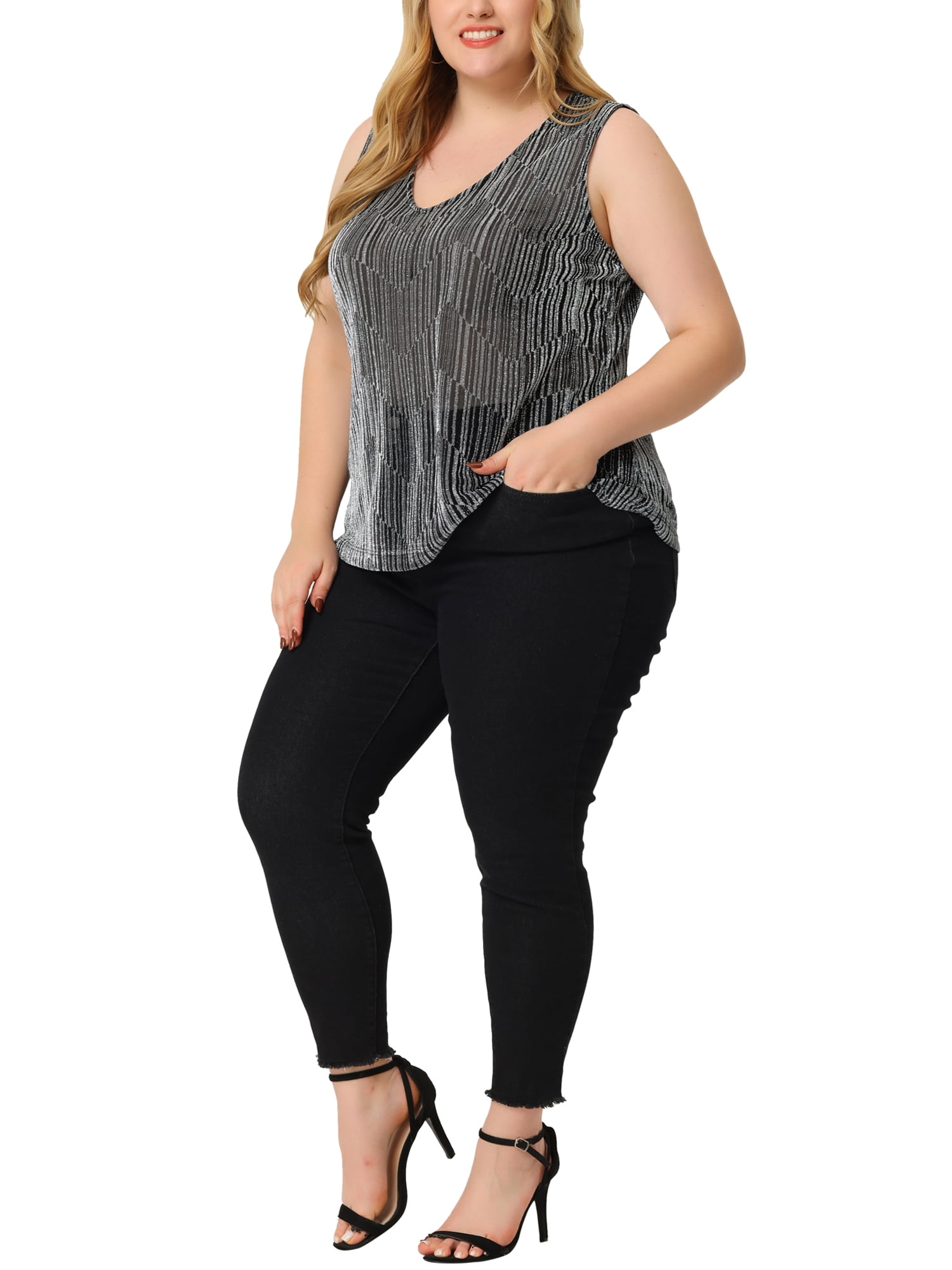 DARING DIVA Women's Plus Sequin Glitter Gradient Tank Club Party Vest 2X Silver