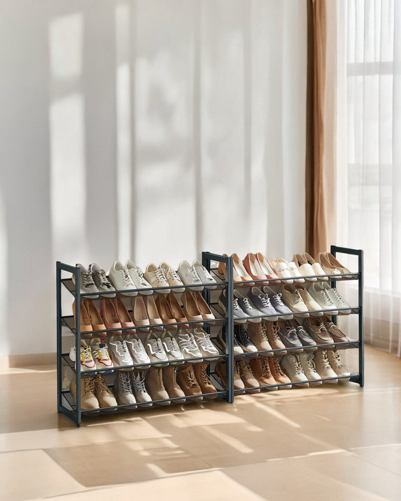 SONGMICS Shoe Rack, 8-Tier Shoe Organizer, Metal Shoe Storage, Set of 2, 4-Tier Stackable Shoe Shelf, with Adjustable Flat or Angled Shelves