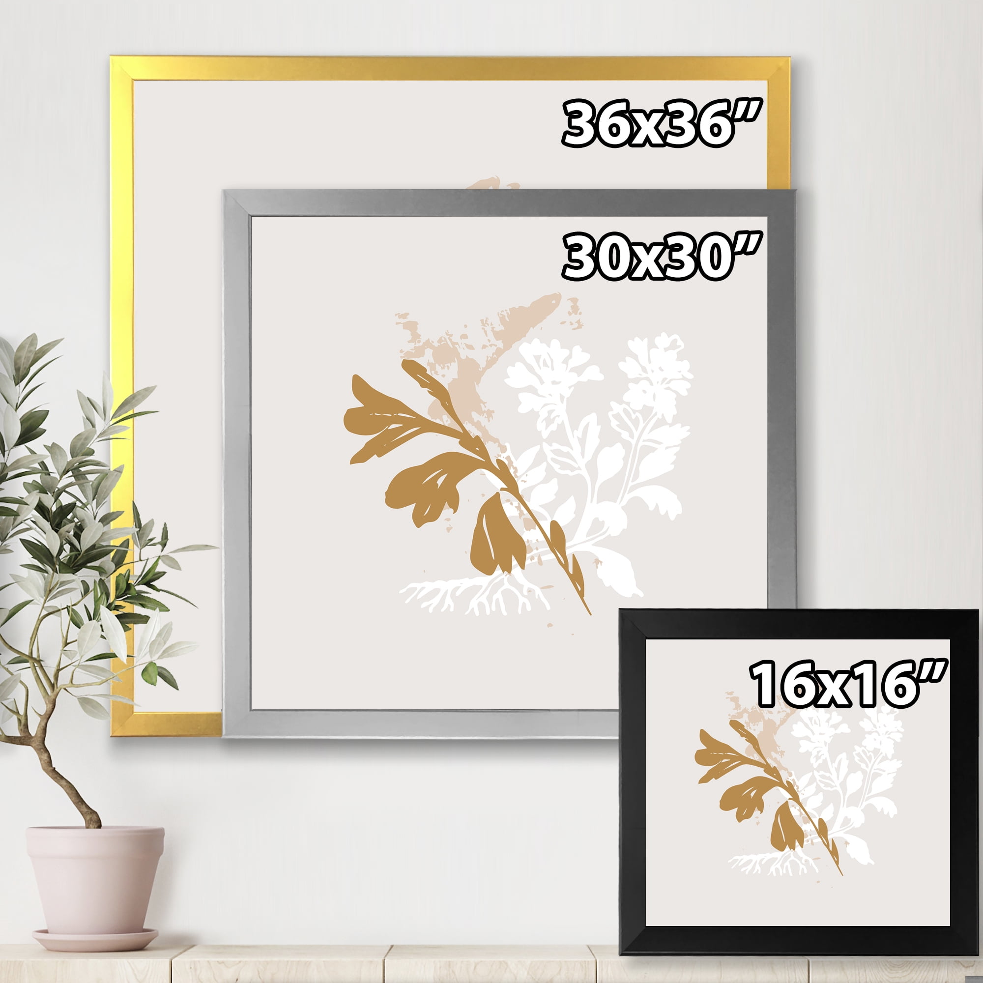 Designart 'Minimal Botanical Design In White and Brown' Traditional Framed Art Print