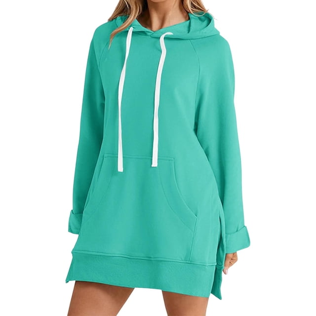 Kcodviy Robe d'Été Unie à Manches Longues pour Femmes Grande Taille pour Femmes Couleur Poche à Capuche Mi-Longue à Col en V Robe Midi Longue Décontractée Ample à Capuche
