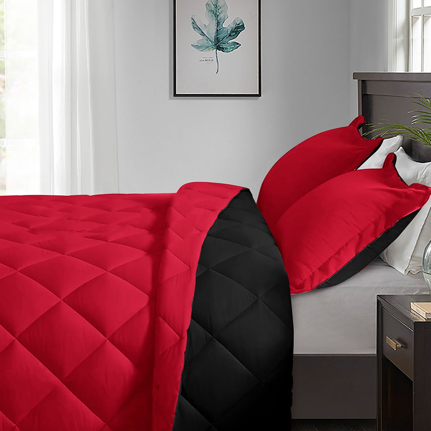 EvJk 3-Piece Queen Comforter Set – Red/ Black Reversible All Season Bedding