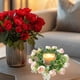 thumbnail image 5 of Candelabro con corona de rosas de té simuladas | Decoración de mesa para fiestas y el hogar | Aro de plástico para velas con hojas y capullos | Centro de mesa de 25 cm, 5 of 6