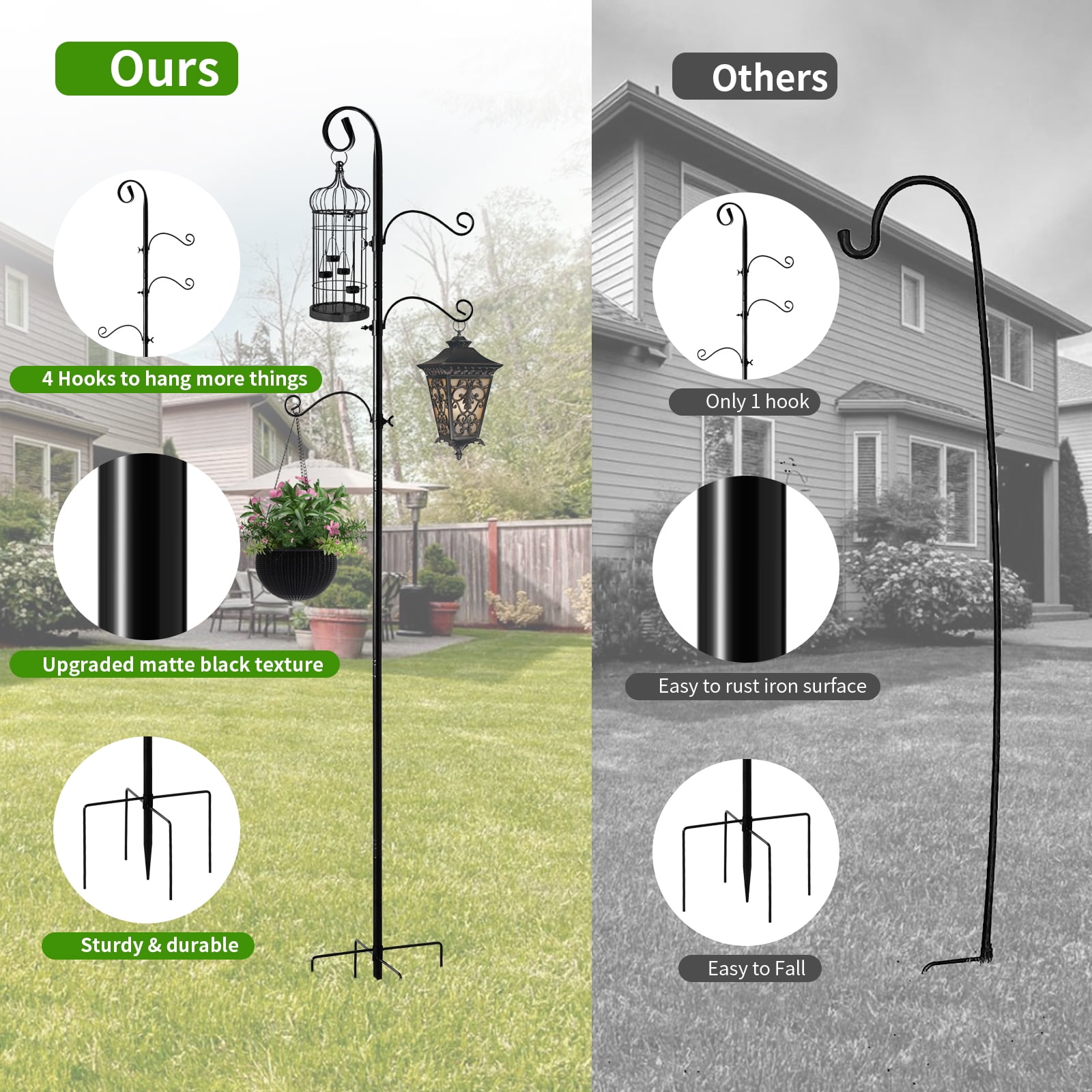 92 Inch Shepherds Hooks for Outdoor, Bird Feeder Poles with 4 Hooks, Shepherds Hook for Bird Feeders Outside with Base, Garden Pole for Hanging Plant Baskets, Weddings Decor