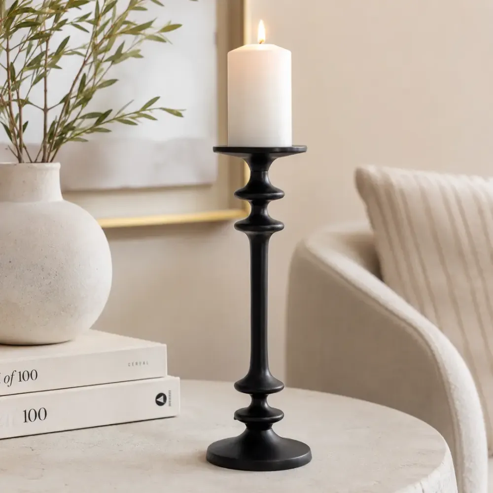 14 Inch Black Aluminum Candle Holder, Modern Matte Candlestick Stand for Pillar Candles
