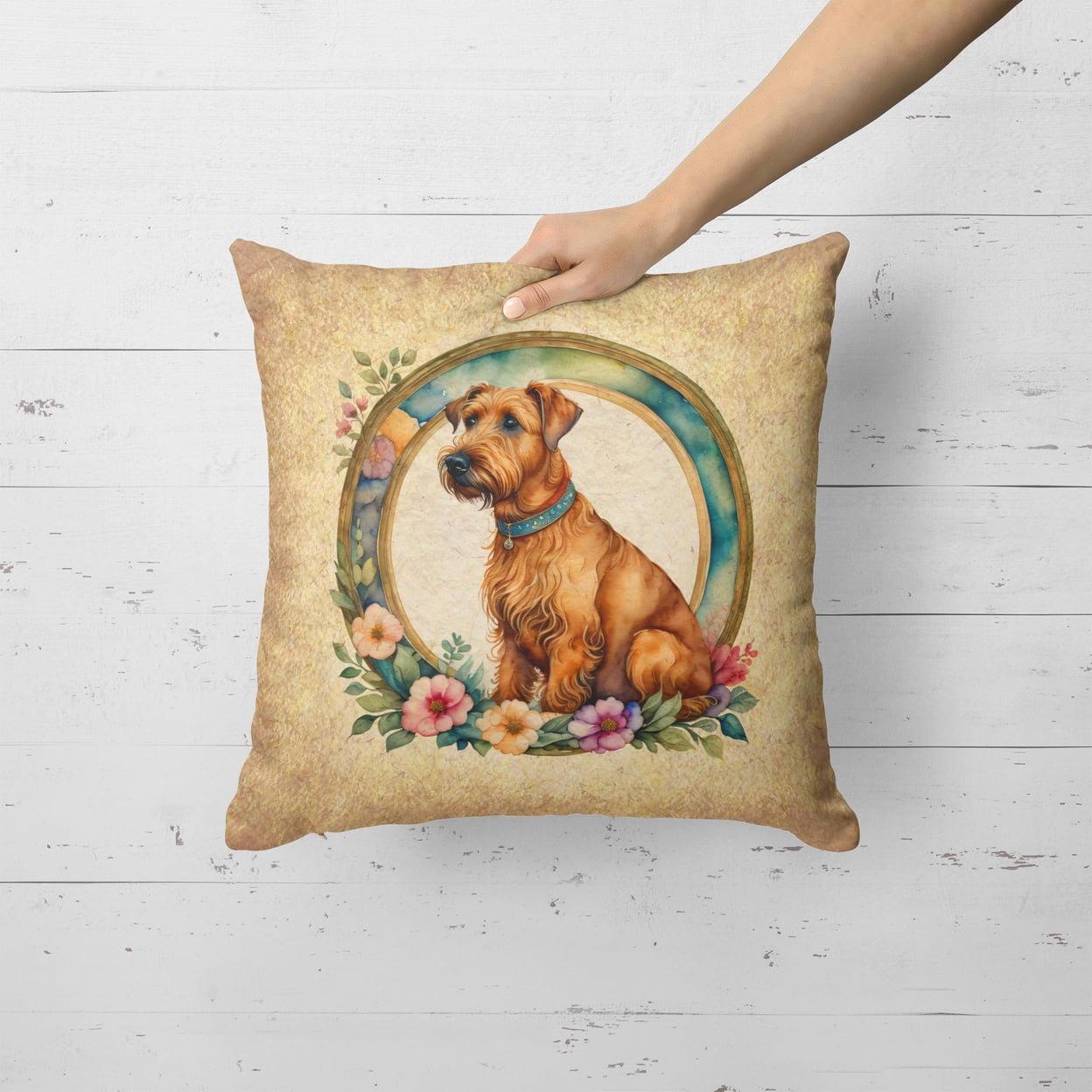 Irish Terrier and Flowers Fabric Decorative Pillow 18 in x 18 in